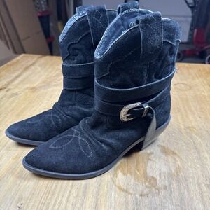 Urban Outfitters Women's Suede Ankle Heel Boot Sz 6 Black Buckle Strap Western